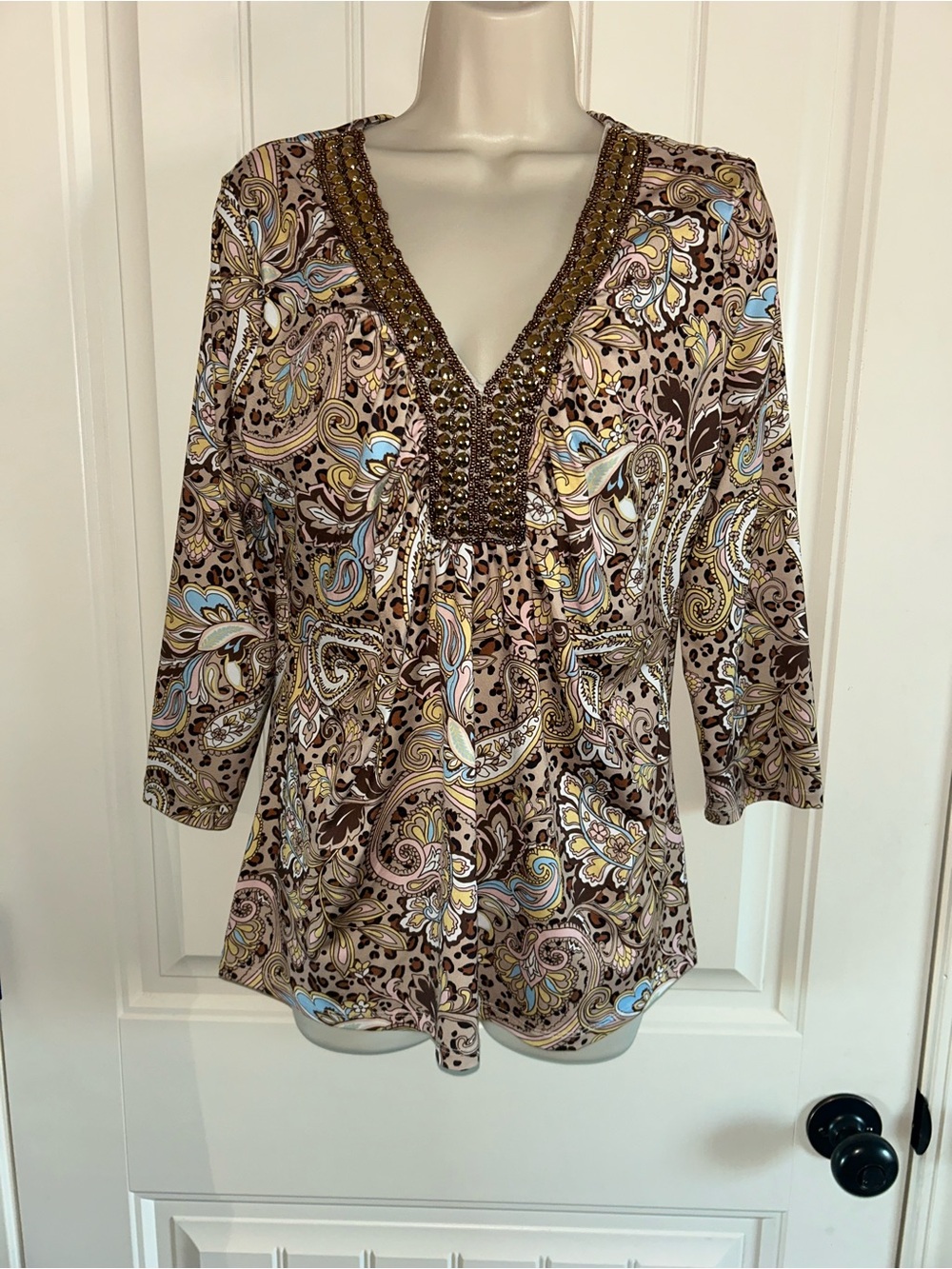 NEW Boston Proper Brown Paisley Beaded V-Neck Tunic Blue & Cream Accents Sz L